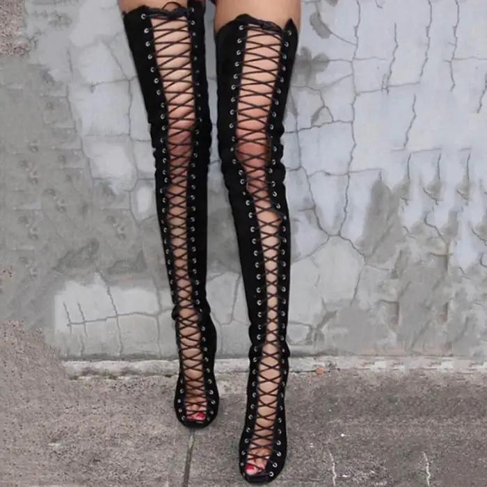 Sandales d'été Gladiator à talons aiguilles sexy pour femmes, bottes hautes au-dessus du genou, bout ouvert, talons fins, style romantique pour soirées et défilés