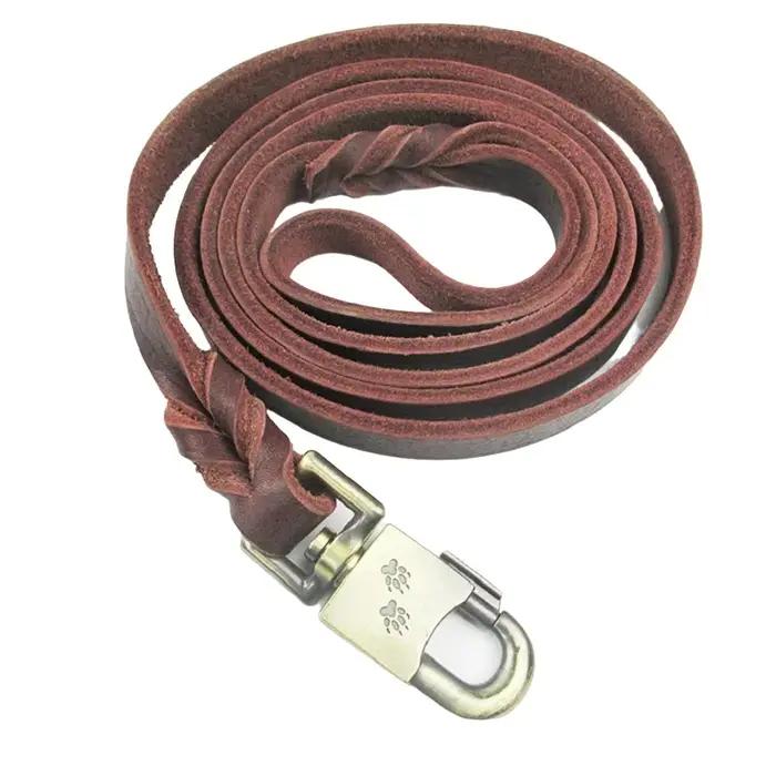 Laisse longue en cuir véritable tressé pour chien