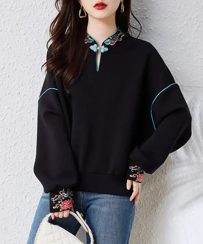 Sweat-shirt à capuche de style chinois pour femme