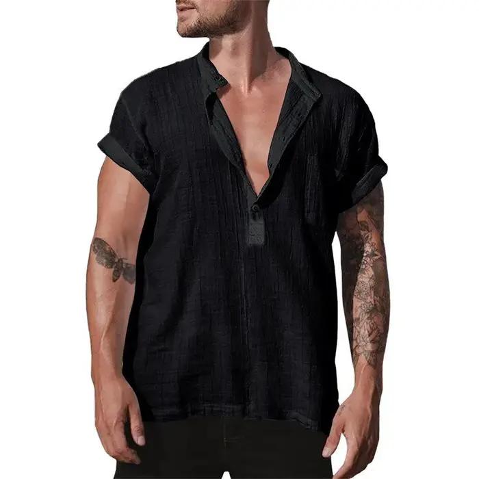 Nouvelles Chemises d'été en Lin Couleur Unie pour Hommes, Col Montant Tendance, Manches Courtes, Coupe Ample Décontractée, T-shirts pour Hommes 2026, Vêtements Masculins