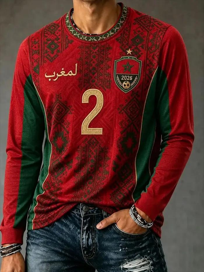 T-shirt de supporter de football du Maroc 2026 pour homme, imprimé lettres rouges, manches longues, maillot de sport décontracté, style Harajuku