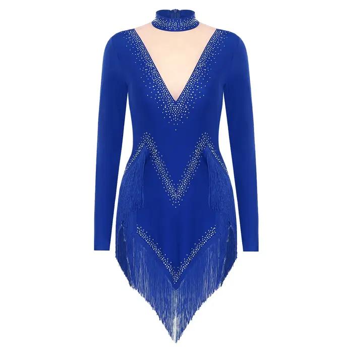 Body de danse latine à franges pour femmes, robe justaucorps à manches longues, vêtements de danse S
