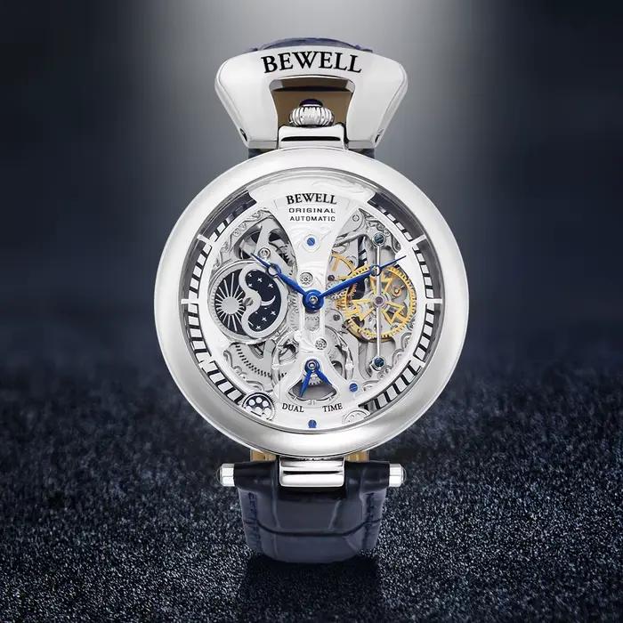 Montre automatique mécanique étanche haut de gamme bracelet cuir véritable fond transparent acier inoxydable