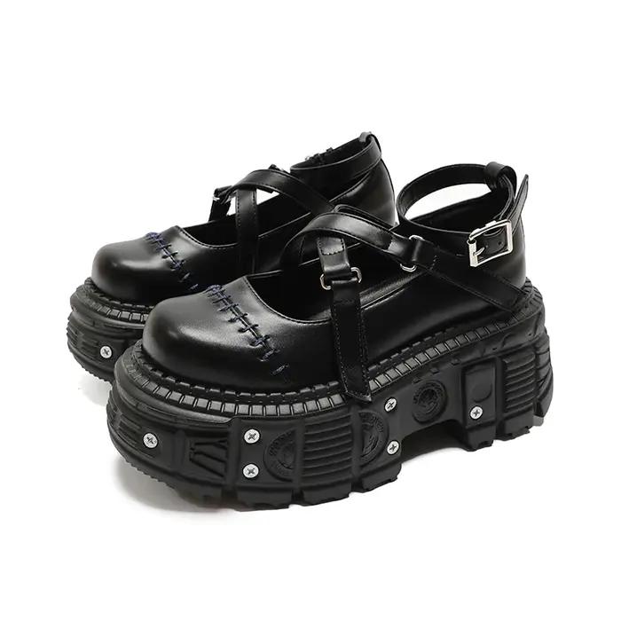 Chaussures à plateforme plate de Style Punk, sangle à boucle à rivets, ceinture croisée Mary Janes,