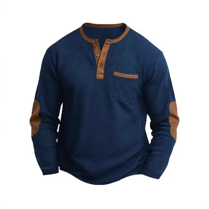 T-shirt Homme Nouvelle Collection Printemps-Automne en Coton Gaufré à Manches Longues et Col Henley