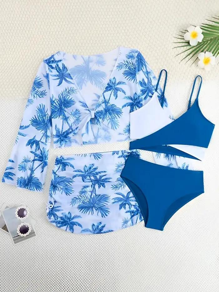Ensemble 4 pièces haut de bikini et jupe 2026 pour filles, maillot de bain taille haute pour enfants