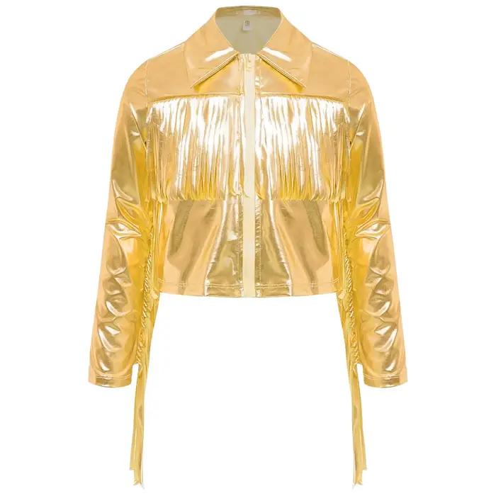 Vestes à pompons pour filles, Streetwear, Costume de danse Jazz métallique, col rabattu, manteaux à