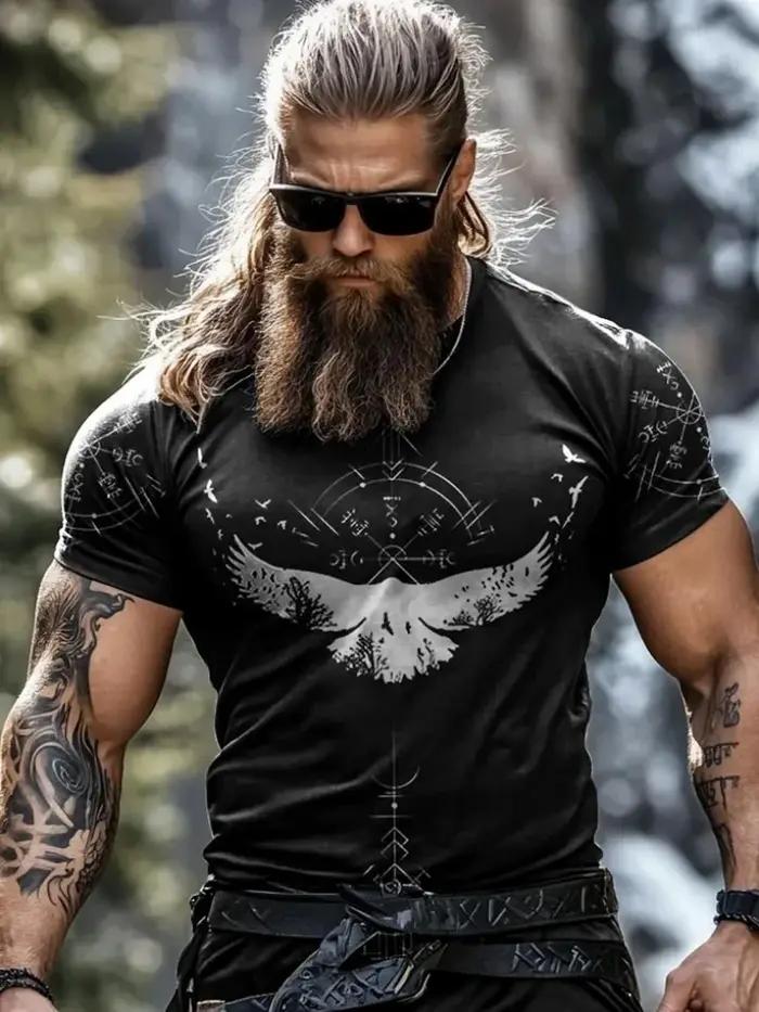 TShirt homme totem mythologie nordique impression 3D face style retro urbain haut tendance sport fitness
