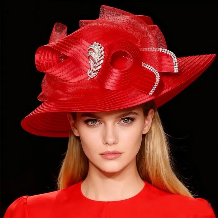 Chapeau de cérémonie pour femme - Chapeau melon à large bord avec nœud, visière plate formelle pour