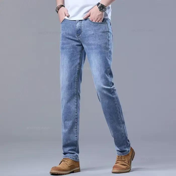 Printemps hommes bleu clair jean mince élégant décontracté tissu extensible Denim pantalon classique