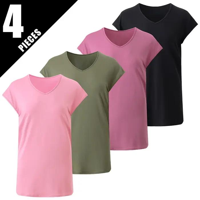 4/1 pièce été automne femmes couleur unie basique polyvalent à manches courtes T-shirt sport décontracté course Fitness