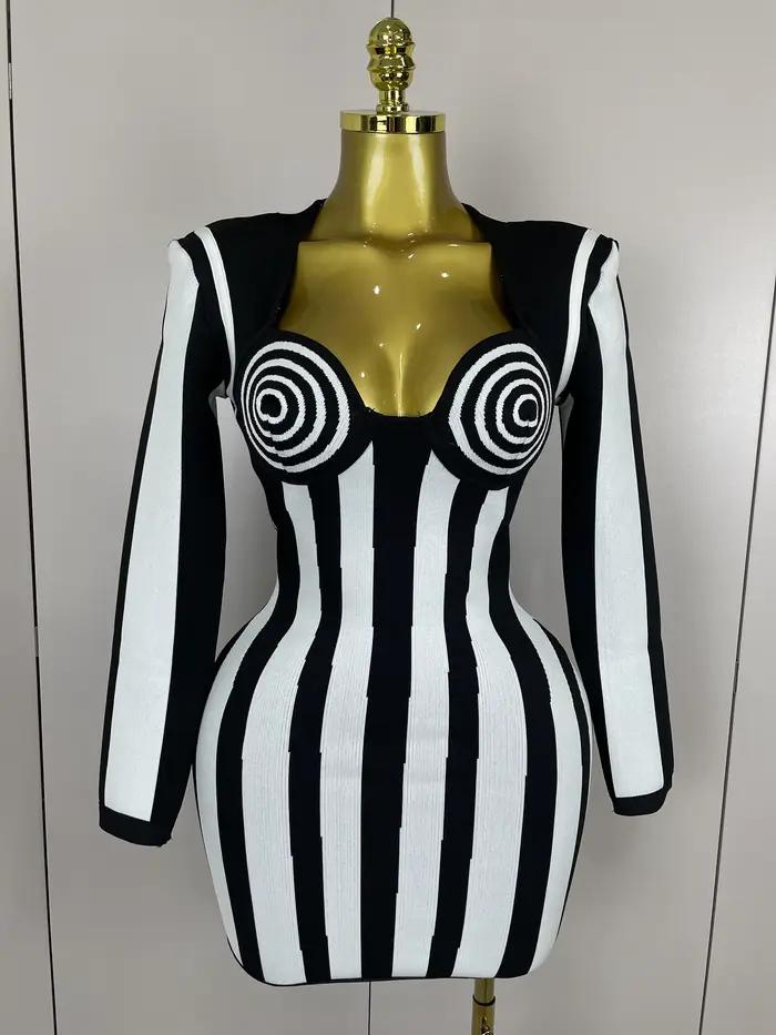 2025 luxe Sexy à manches longues rayure noir blanc Mini robe de pansement femmes tricoté célébrité élégante soirée Club