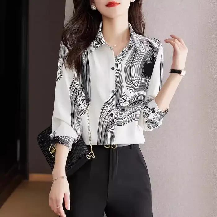 Vêtements de printemps pour femmes, nouveau Design, Niche imprimée en mousseline de soie, petite chemise à la mode, haut à manches longues, 2025
