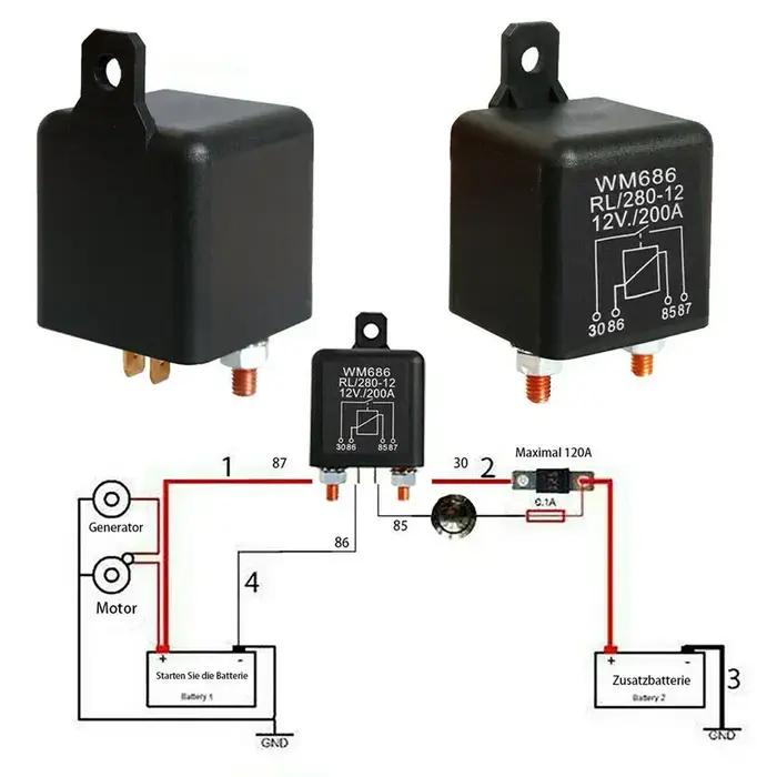 Relais de commutation de batterie universel 12V 200a, démarrage à 4 broches, double isolateur de bat