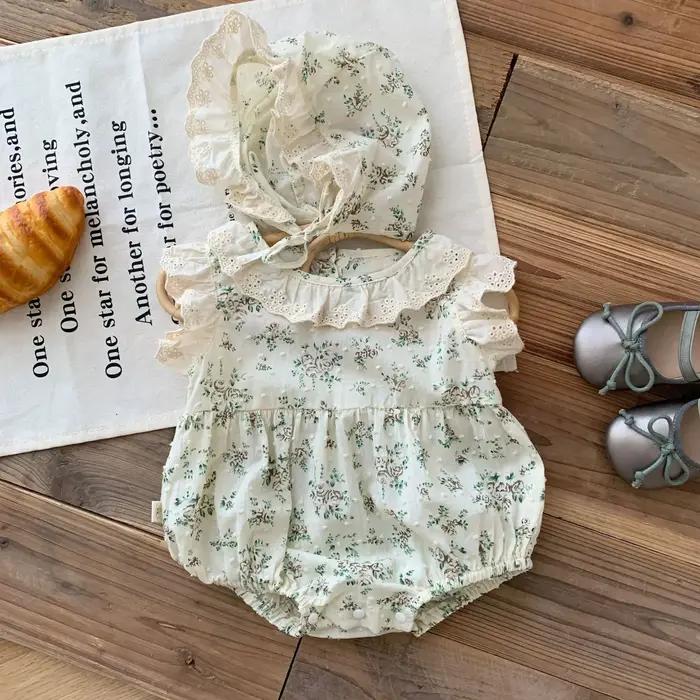 Nouveau dans: body à manches volantes froncées à fleurs mignonnes pour nouveau-nés filles 98% coton cadeau chapeau enfan
