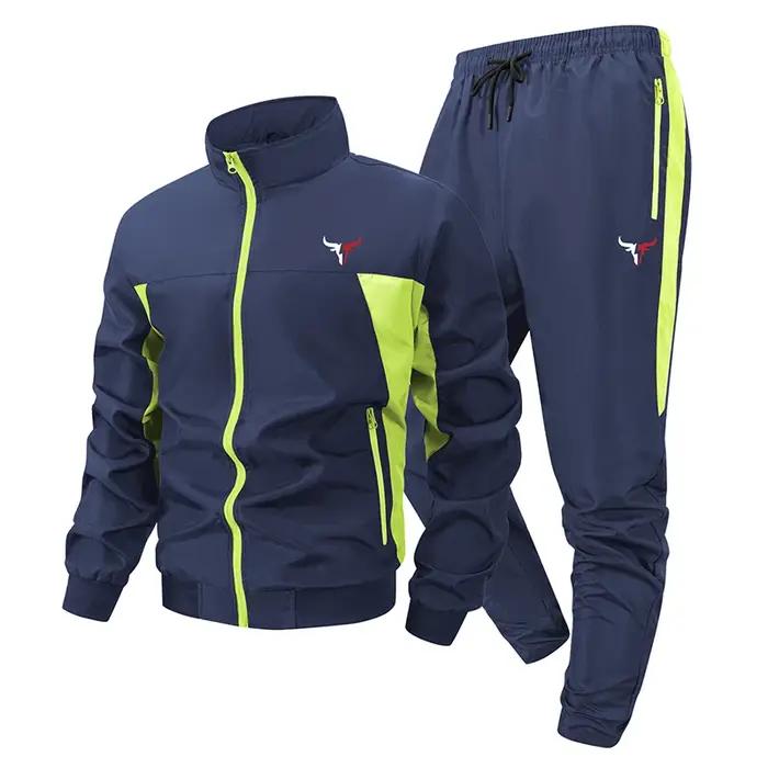 Ensemble de sport Colorblock imprimé taureau pour hommes, col montant d'extérieur, veste zippée, man