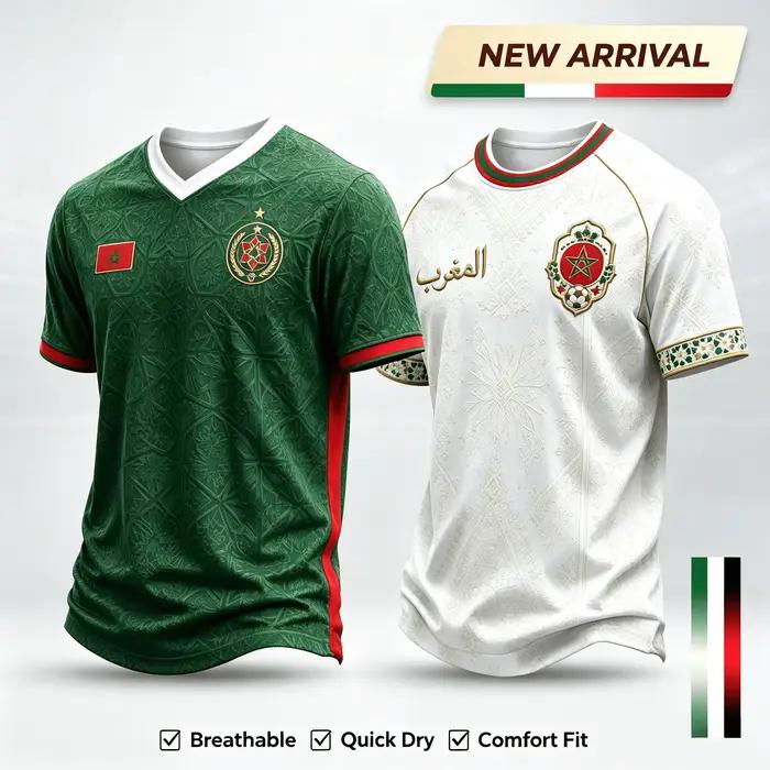 Maillot de football extérieur de l'équipe du Maroc, blanc, à manches courtes, T-shirt unisexe pour supporters, entraînement, sport, décontracté, pour la famille et les enfants