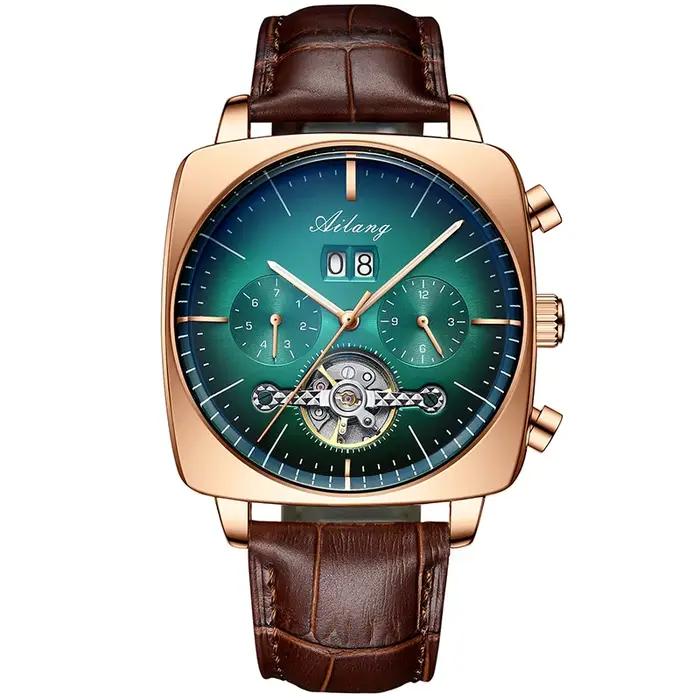 Montre-bracelet carrée suisse, montre-bracelet mécanique multifonction pour homme avec tourbillon, é