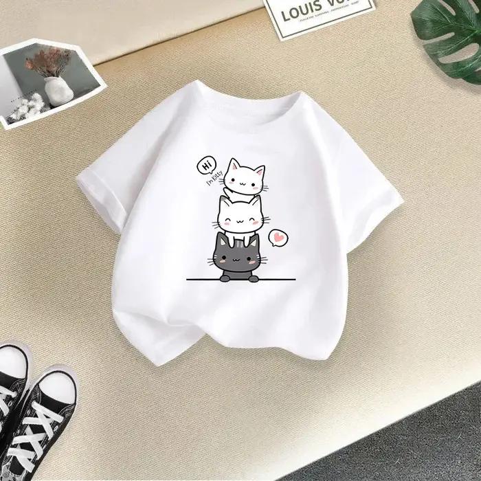 T-shirt à manches courtes et col rond pour bébé fille imprimé chat drôle et coloré vêtement d'été tendance pour occasions spéciales