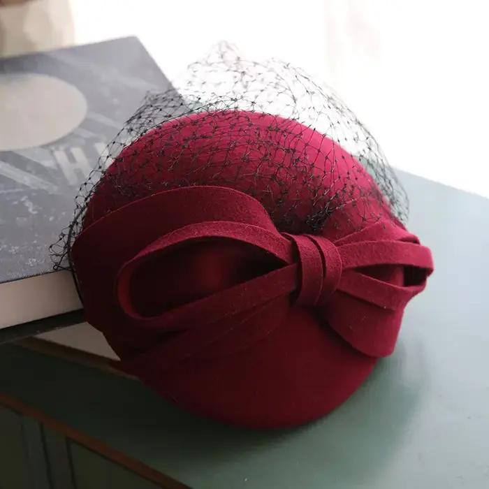Béret Chic en Feutre de Laine pour Femmes Occasions Spéciales Cocktail Mariage Fête de Thé Derby Cap Blanc Rouge Vert Foncé Noir