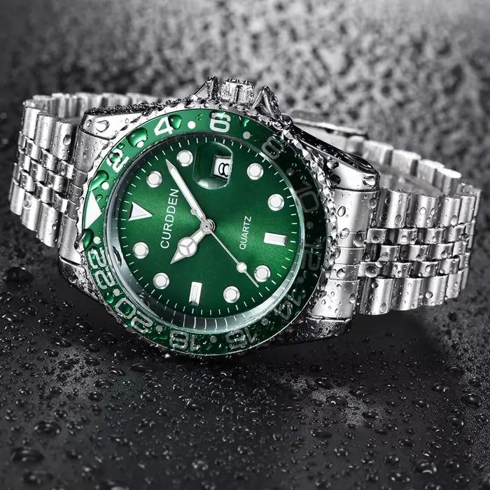 Montre homme verte acier inoxydable calendrier quartz - Montre de marque tendance 2024 pour étudiants