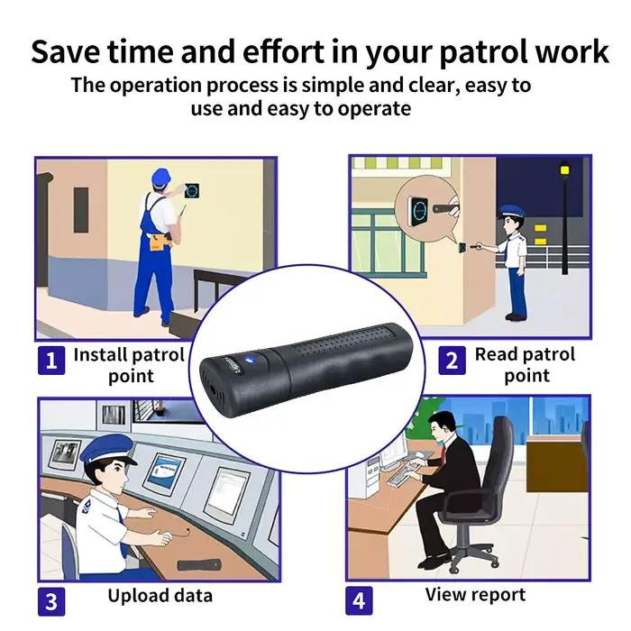 Système de visite de garde avec enregistreur de patrouille rechargeable par USB et quatre étiquettes de point de contrôle RFID pour sécurité professionnelle et surveillance de garde