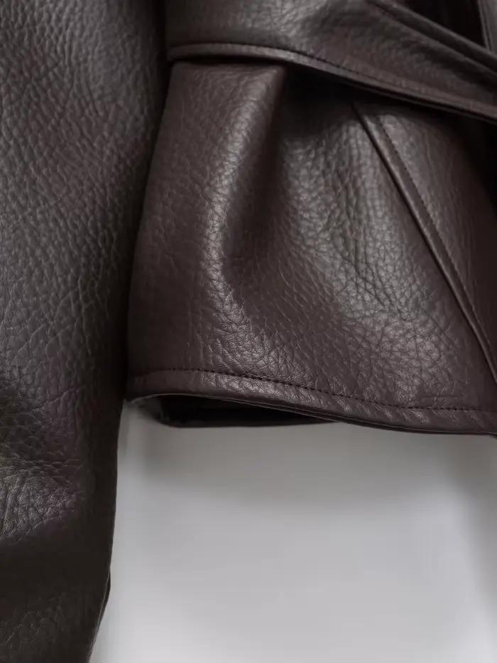 Veste Courte Ceinturée en Similicuir PU Vintage pour Femme ETJ, Col Montant, Collection Printemps 20