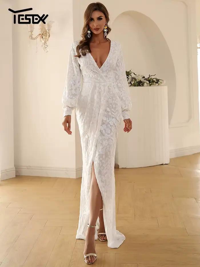Yesexy 2026 Nouvelle Robe de Soirée Formelle à Col en V et Manches Longues avec Fente pour Mariage,
