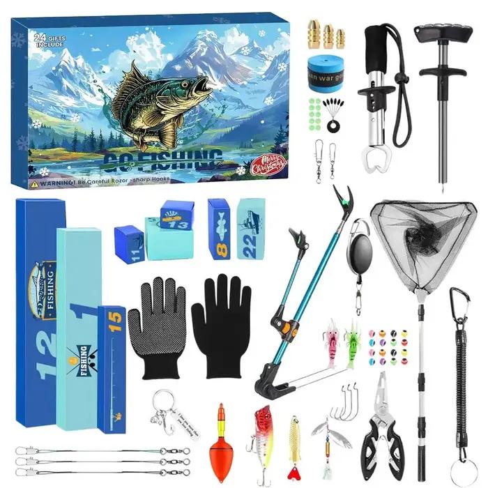Calendrier de l'Avent de pêche 2025, boîte de compte à rebours de noël de 24 jours avec accessoires de pêche, porte-canne, pince à lèvres, cadeau pour papa et mari