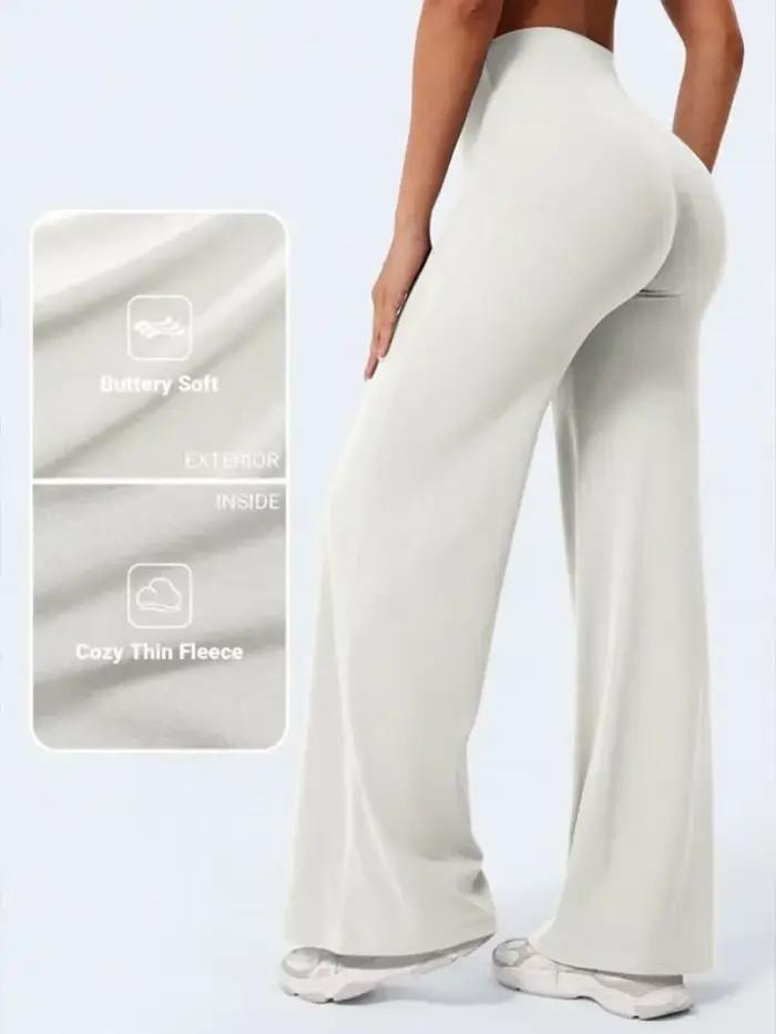 Pantalon de yoga taille mi-haute à jambes larges en polyester et élasthanne pour femmes, idéal pour les sports, la course à pied et le Pilates