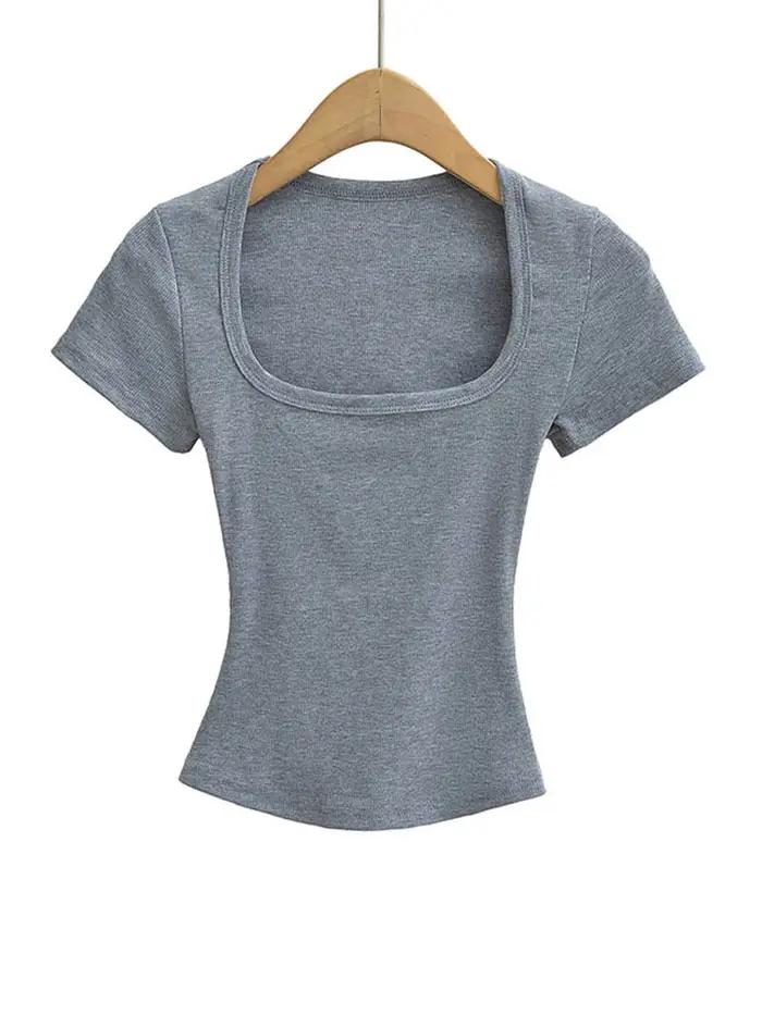 Col carré haute Stretch été culture hauts femmes à manches courtes hauts Sexy pull sommets Blouses m