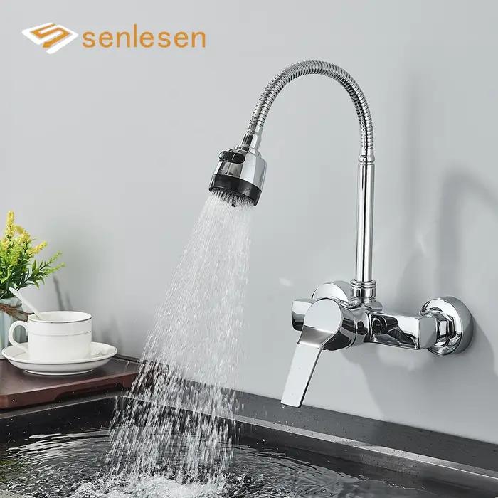 Robinet cuisine mural chromé 2 trous avec flexible 360° - Mitigeur eau chaude froide sans plomb à jet variable