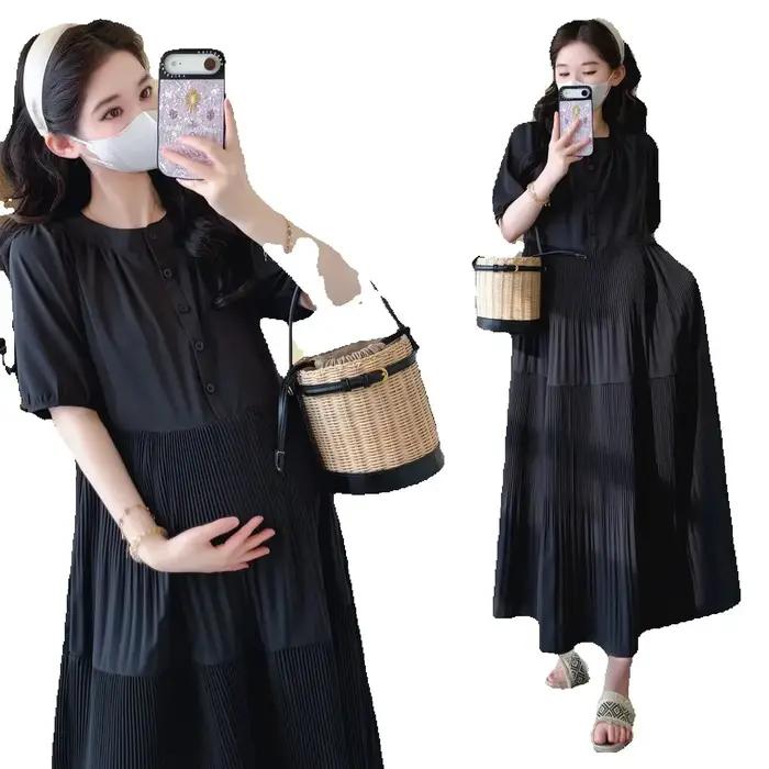 Robe de plage en mousseline de soie pour femmes enceintes, vêtements pour femmes enceintes, manches longues, col carré, grande taille, bleu, printemps