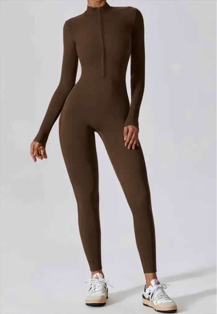 Combinaison de yoga longue intégrée à demi-zip, couleur unie, sexy, manches longues, vêtements de sp