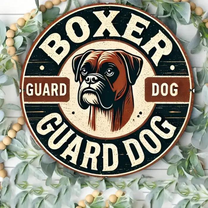 Panneau métallique «Boxer Guard Dog » vintage – décor rustique plat 2D | Avec des Branches de Pin et des Baies