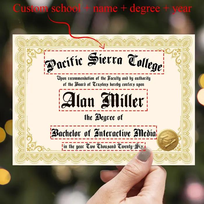 6 cartes de diplôme personnalisées, nom, établissement scolaire, diplôme et année personnalisés, faux diplôme de remise de diplôme, pour accessoire photo de fête ou carte postale