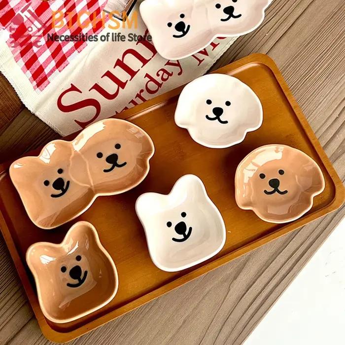 Bol à sauce en céramique avec motifs de chiens et ours mignons pour collations, sauces, sushi et soja - Idéal pour dîners familiaux et apéritifs