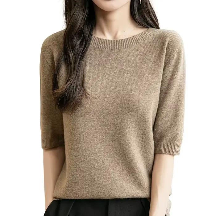 Hauts pour femmes, vêtements 100% laine mérinos, printemps automne hiver, première ligne, prêt à porter, tricoté sans couture, col rond, pull à manches courtes