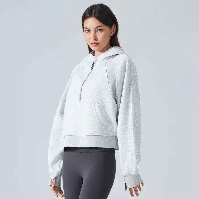 Sweats à capuche demi-zip Smile pour femmes, sweat-shirt chaud, veste de sport avec trou pour les po