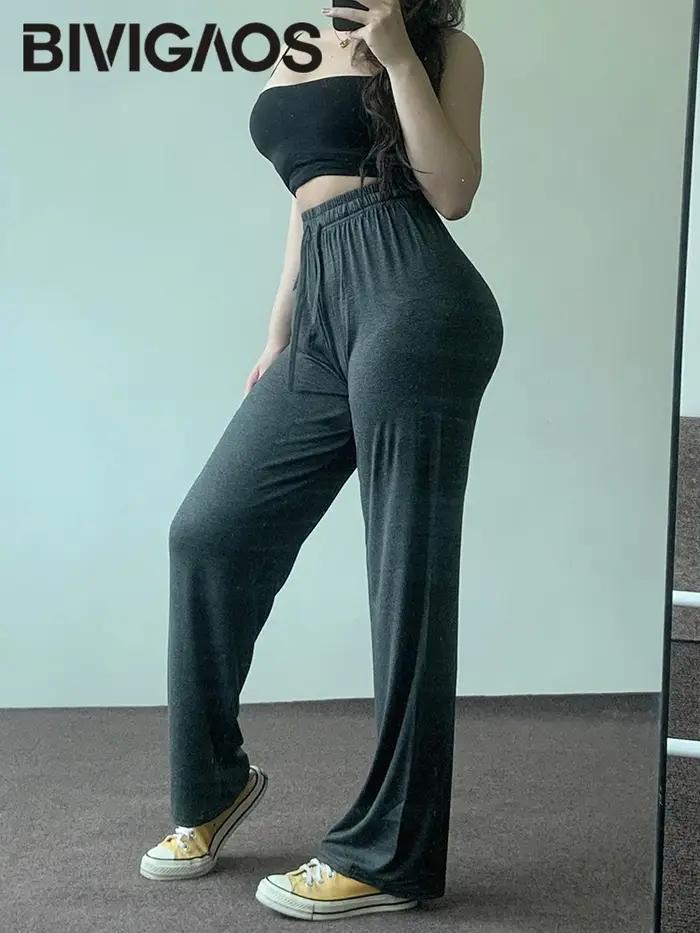 Femmes printemps été mince Modal jambe large pantalon élastique cordon extensible drapé gris taille haute pantalons déco