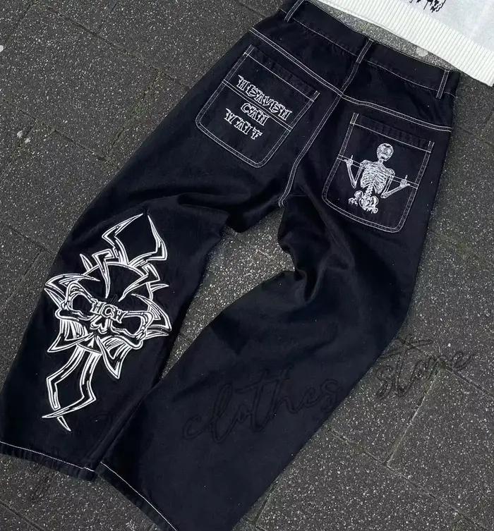 Nouveau Jean Y2K pour Homme, style Hip Hop, avec broderie crâne rétro, en denim délavé, coupe droite