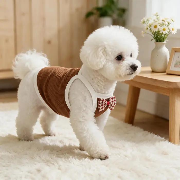 Débardeur côtelé sans manches pour chien, gilet pour animal de compagnie rouge à motif pied-de-poule avec nœud décoratif, vêtements d'été respirants pour chiots de petites races.