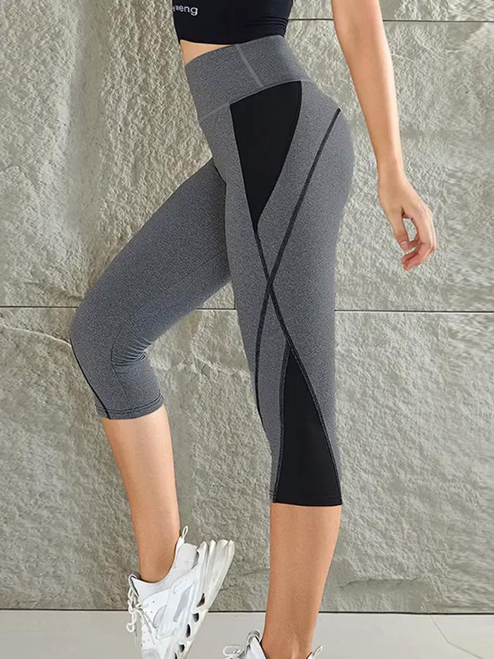 Leggings de Yoga bloc de couleur pour femmes, taille haute, Patchwork, longueur mollet, pantalons se