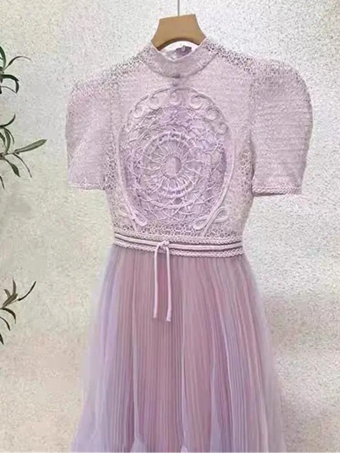 SMTHMA-Robe longue en maille brodée pour femme, col rond, manches courtes, patchwork, robes élégante