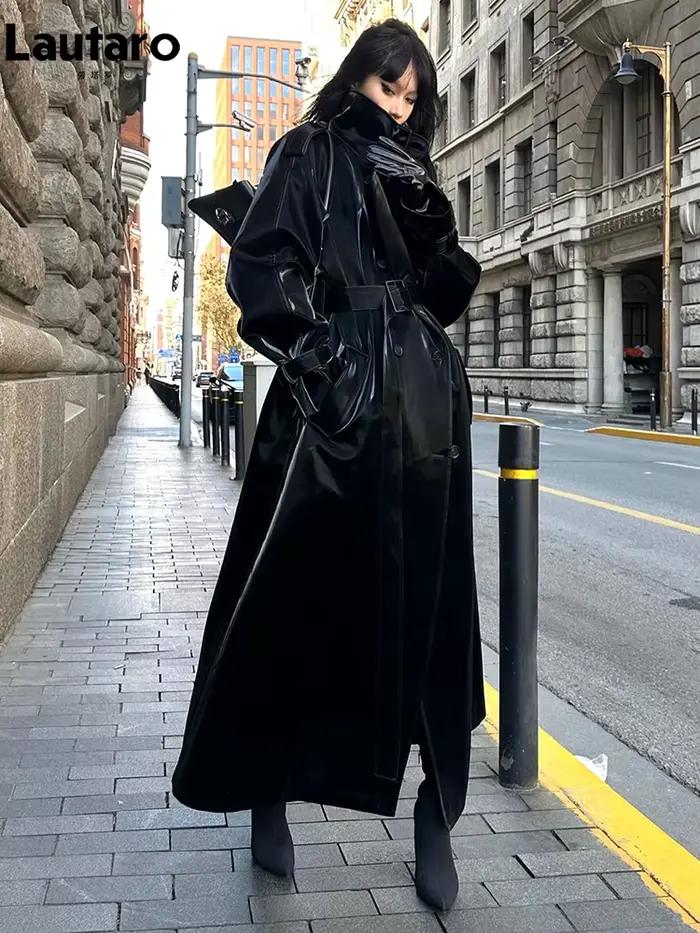 Lautaro printemps automne Extra Long surdimensionné Cool réfléchissant brillant noir en cuir verni Trench manteau