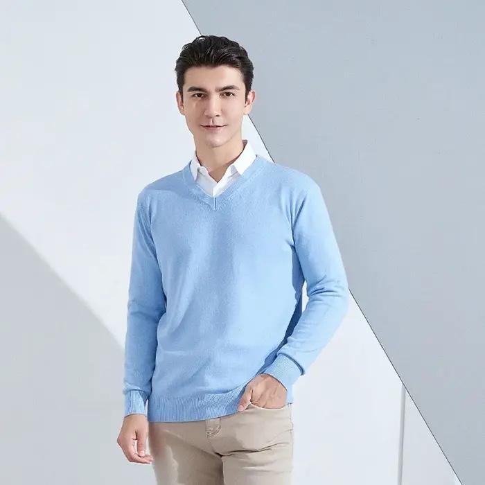 Cachemire coton mélange classique col en v tricoté pull hommes pull 2024 automne hiver doux chaud af
