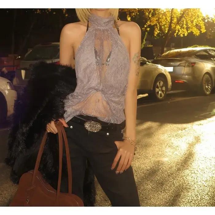 Vêtements pour femmes Printemps 2026 Nouvelle mode Personnalisée Col roulé Dentelle Transparente Sans manches Dos nu Haut asymétrique