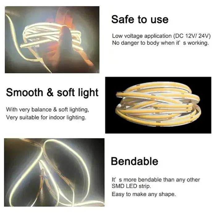 8mm Ultra mince DC 12 V/24 V coloré COB LED bande lumières pour la décoration intérieure voiture bri