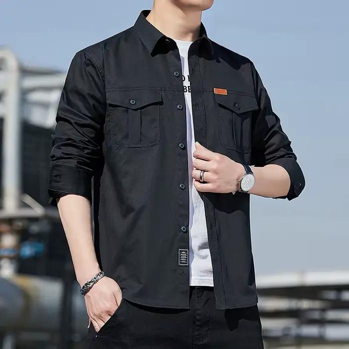 Chemise cargo homme en coton 100% style décontracté avec col rabattu pour les quatre saisons occasions quotidiennes et décontractées