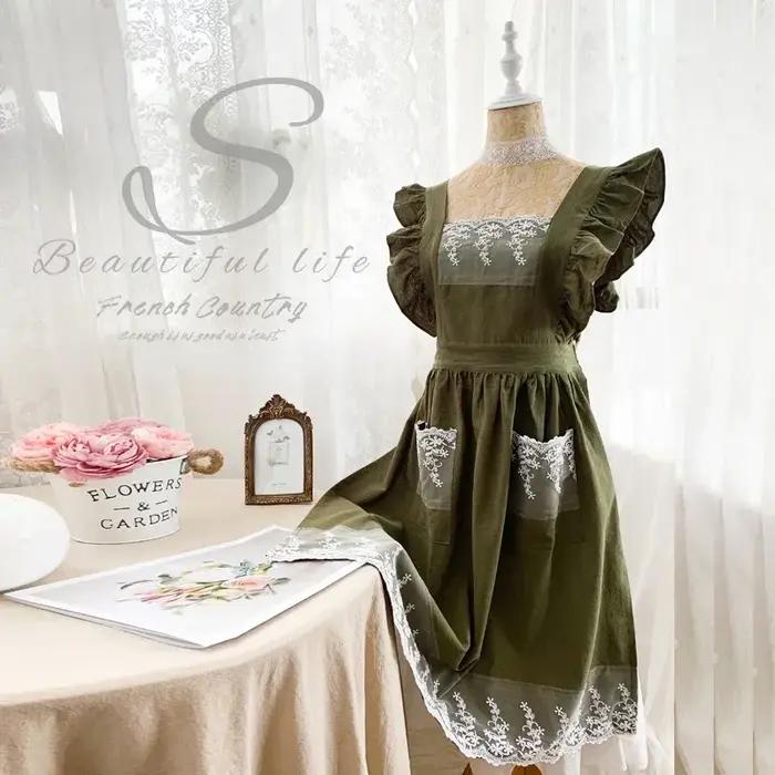 Femmes femmes tablier coton lin tabliers robe jardin café cuisine fleuriste palais Style Vintage mode robe tablier